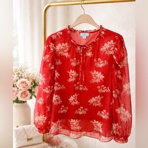 CeCe Red Floral Sheer Blouse Size L – Romantic Ruffle Neck Tie T